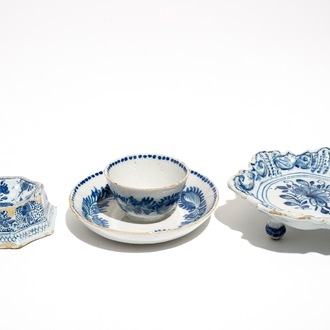 A Dutch Delft blue and white salt, a chocolate cup and a spice dish, 18th C.