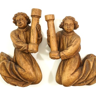 A pair of limewood flying angels with columns, prob. Southern Germany, 15/16th C.
