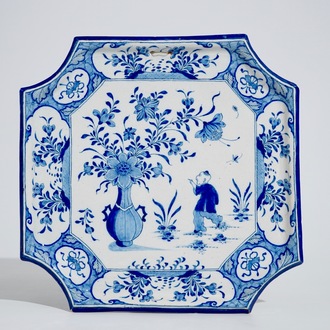 A square Dutch Delft blue and white chinoiserie plaque, mid-18th C.
