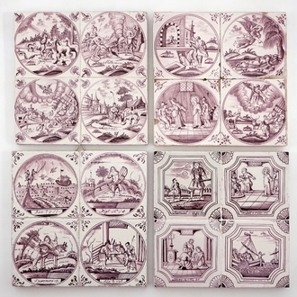 Four panels of 4 manganese Dutch Delft biblical tiles, 18/19th C.