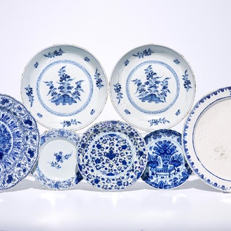 Seven various Dutch Delft and French faience blue and white dishes, 18th C.