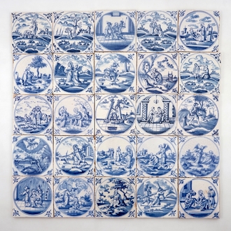 A field of 25 Dutch Delft blue and white tiles with religious scenes in central medallions, 18th C.