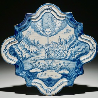 A Dutch Delftware blue and white biblical plaque with "The Baptism of Christ", Amsterdam, dated 1767