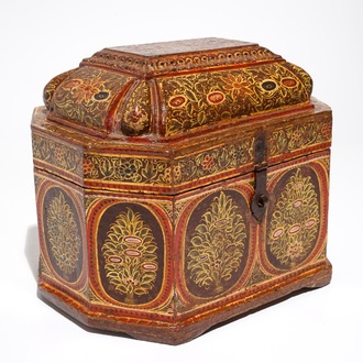 A large painted papier mache and wood chest with interior, Qajar, Iran, 19th C.