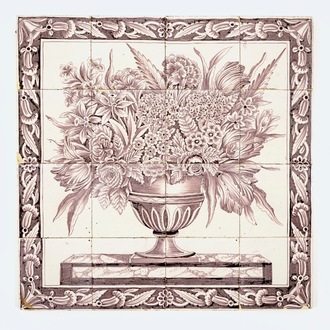 A manganese Dutch Delft tile panel with a flowervase, 2nd half 18th C.