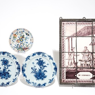 A manganese Dutch Delft tile panel and three Delft dishes, 18/19th C.