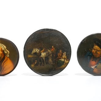 Three painted laquered papier mache snuff boxes, prob. Germany, 19th C.
