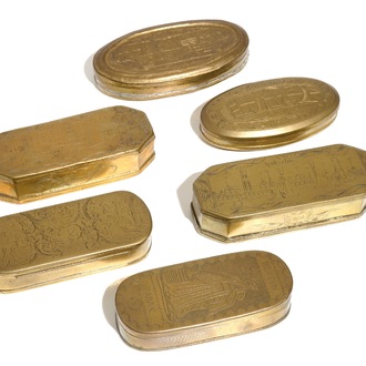 Six Dutch engraved brass tobacco boxes, 18th C.