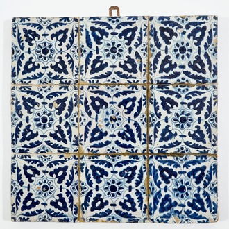 A field of 9 Dutch Delft blue and white ornamental tiles, 1st half 17th C.