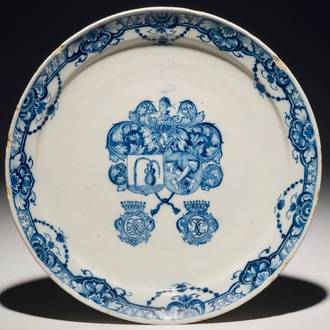 An armorial Dutch Delft blue and white alliance plate, 1st half 18th C.