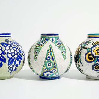 Three art nouveau crackle glazed vases, Charles Catteau for Boch Kéramis, 1st half 20th C.