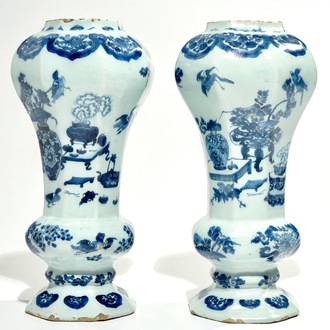 A pair of Dutch Delft blue and white chinoiserie vases, 2nd half 17th C.