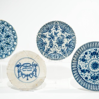 Four Dutch Delft blue and white plates, 17/18th C.