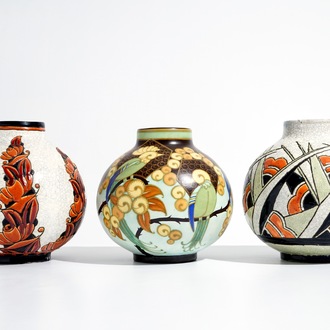 Three art nouveau matte and crackle glazed vases, Charles Catteau for Boch Kéramis, 1st half 20th C.