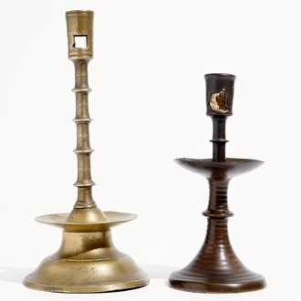 Two gothic bronze candlesticks, Low Countries, 15/16th C.