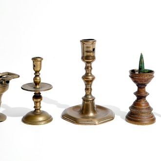 A bronze holy water bucket and four miniature candlesticks, 16/17th C. and later