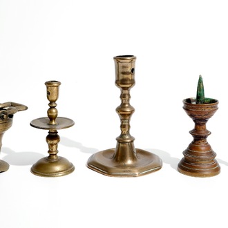 A bronze holy water bucket and four miniature candlesticks, 16/17th C. and later