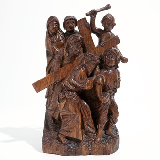 Christ Carrying the Cross, retable fragment, oak, Flanders, 16th C.