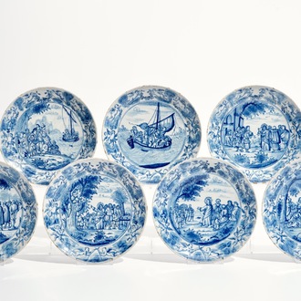 Sept assiettes en faïence de Delft bleu et blanc aux sujets religieux, 18ème