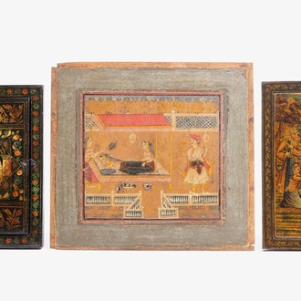 Two painted papier mache mirror frames and a painted panel, Qajar, Iran, 19th C.