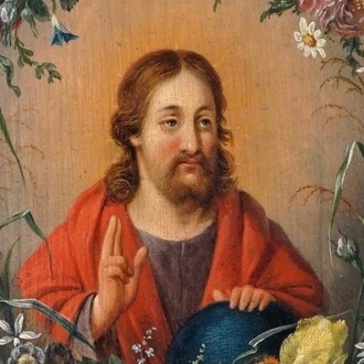 Daniel Seghers (Antwerpen, 1590-1661), toegeschreven, Christus Salvator Mundi in bloemenkrans, olie op paneel