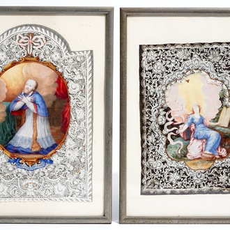 Two devotional pin prick canivet images of saints, 18/19th C.