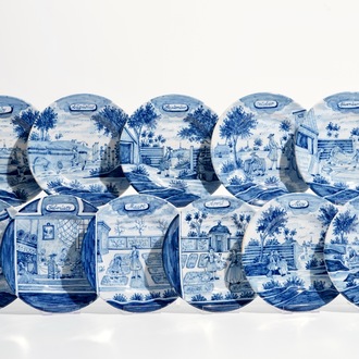 Onze assiettes des series des mois en faïence de Delft bleu et blanc, 19ème