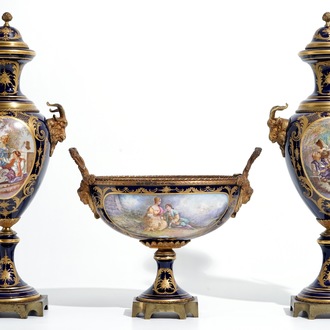 A three piece bronze-mounted Sevres porcelain garniture, 19th C.
