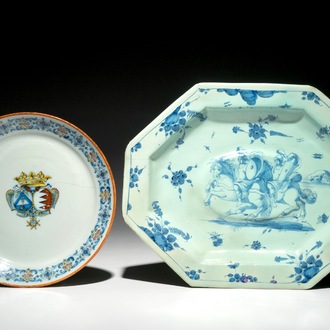 A polychrome armorial plate and a blue and white octagonal dish, Savona, Italy, 18th C.