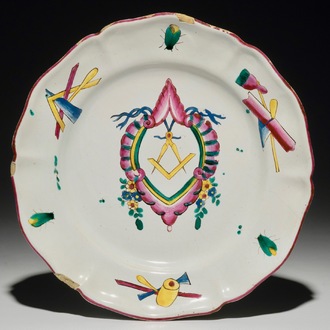 A rare French faience masonic dish, poss. Ferrat, Moustiers, or Nevers, 18th C.