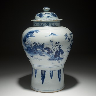 Un vase couvert en faïence de Delft bleu et blanc à décor chinoiserie, 2ème moitié du 17ème