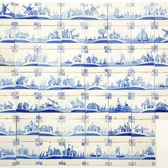 54 Dutch Delft blue and white tiles with landscapes near the sea, 19th C.