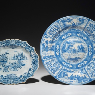 Un plat ovale à bord contourné et un plat chinoiserie en faïence de Delft bleu et blanc, 17/18ème