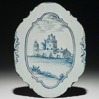 A French faience blue and white topographical plaque, poss. Moustiers, 18/19th C.
