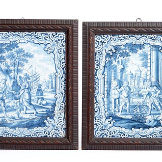 Deux carreaux de poêle rectangulaires en faïence dans le style de Delft, Allemagne, 18ème