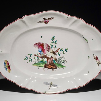 A French faience oval dish with birds and insects, prob. Strasbourg, 18th C.