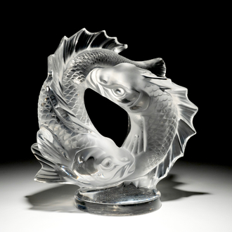 A crystal group of two koi fish, Lalique, France, 2nd half 20th C.