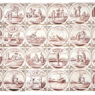 A set of 124 Dutch Delft manganese tiles with religious scenes in central medallions, 18th C.