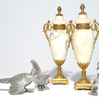 Two silver pheasants, a table bell and a pair of marble urns and covers, 19/20th C.