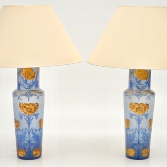 A pair of Art Nouveau glass paste vases mounted as lamps, prob. France, 19/20th C.