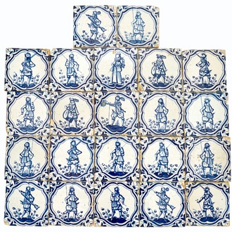 A field of 22 Dutch Delft blue and white tiles with soldiers after Jacob de Gheyn, 17th C.