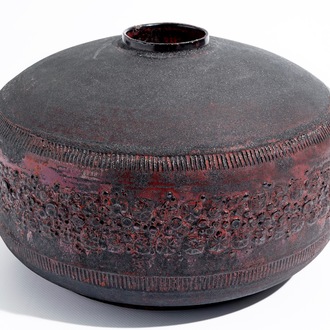 A large cylindrical modernist vase with matte black and luster glazed relief design, Perignem, 2nd half 20th C.
