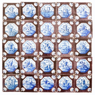 Un ensemble de 25 carreaux en faïence de Delft bleu et blanc sur fond manganèse, 18ème