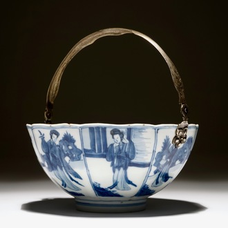 A Chinese blue and white silver-handled bowl with Long Eliza, Kangxi