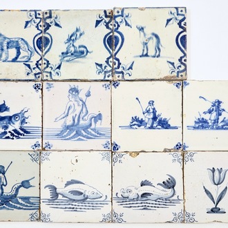 Elf diverse blauwwitte Delftse tegels met zeemonsters en dieren, 17/18e eeuw