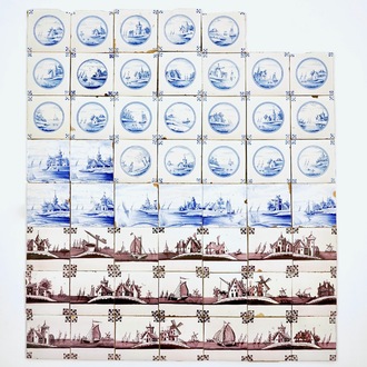 54 carreaux en faïence de Delft bleu et blanc et manganèse aux paysages, 19ème