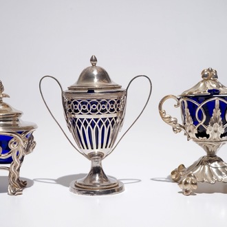 Three silver mustard jars with blue cristal interiors, 19th C.