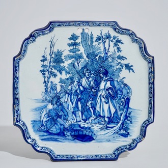 A Dutch Delft blue and white plaque with a biblical scene, 18th C.