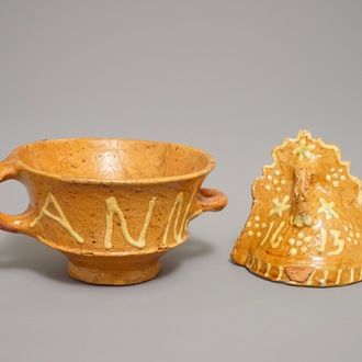 A Dutch slipware miniature fire bell dated 1613 and a bowl dated 1593, Northern Netherlands, 16/17th C.