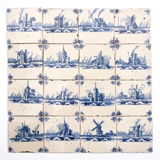 A field of 16 Dutch Delft blue and white tiles with fine landscapes, 18th C.